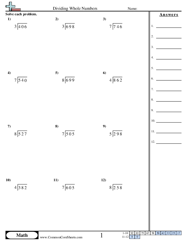4.nbt.6 Worksheets - 3 ÷ 1 (w/remainder) worksheet
